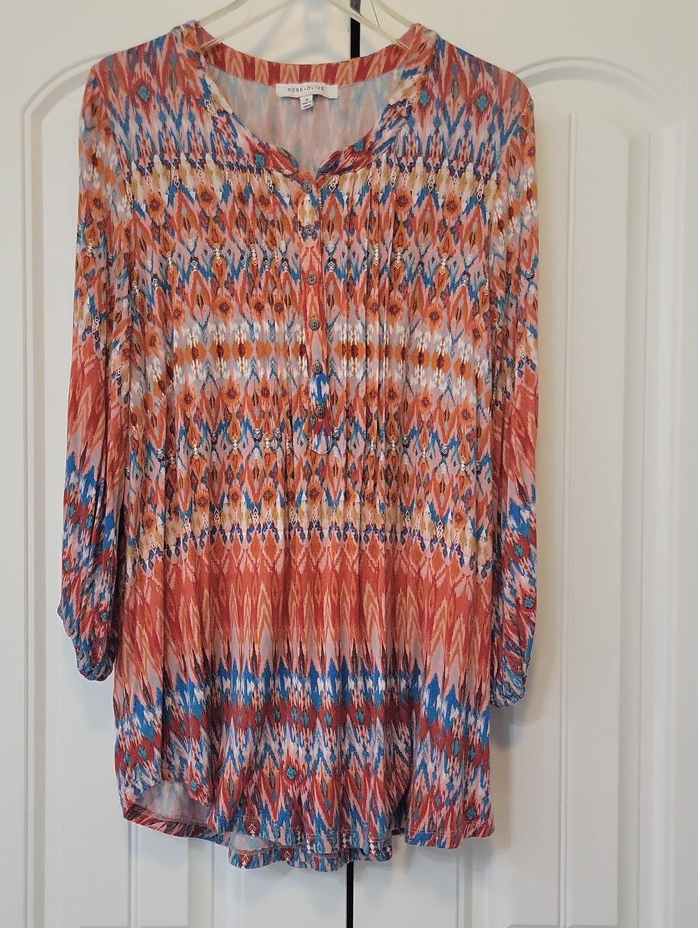 Rose & Olive Coral Ikat Print Button-Front Women’s Blouse
